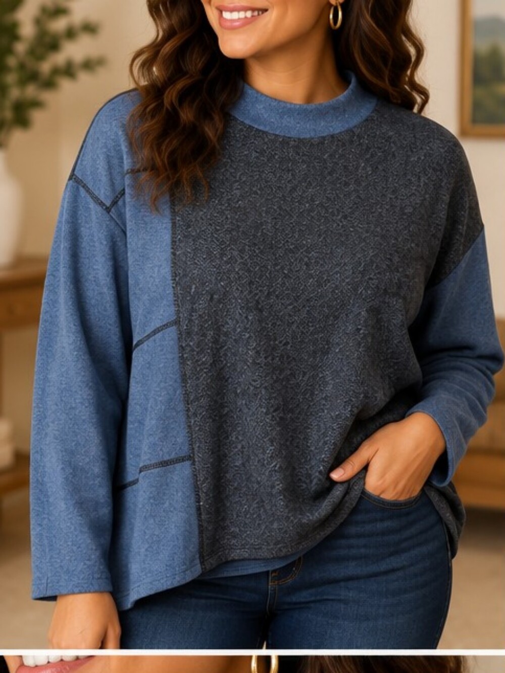 Trisha Tyler Large Asymmetrical Colorblock Sweatshirt Blue Gray Geometric